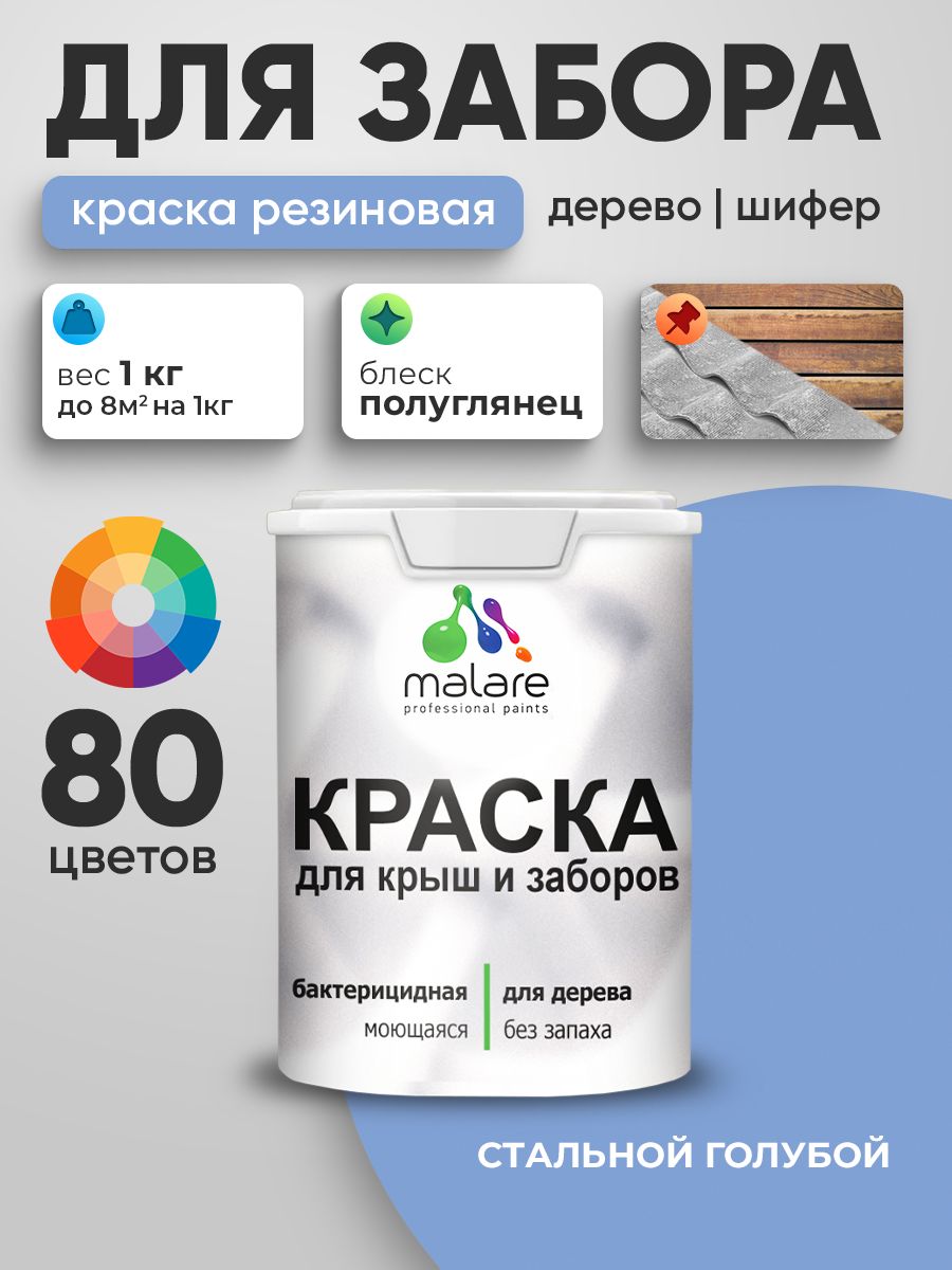 Резиновая краска Malare для деревянного забора/ по дереву для наружных и внутренних работ/ быстросохнущая моющаяся без запаха полуглянцевая, стальной голубой, 1 кг.
