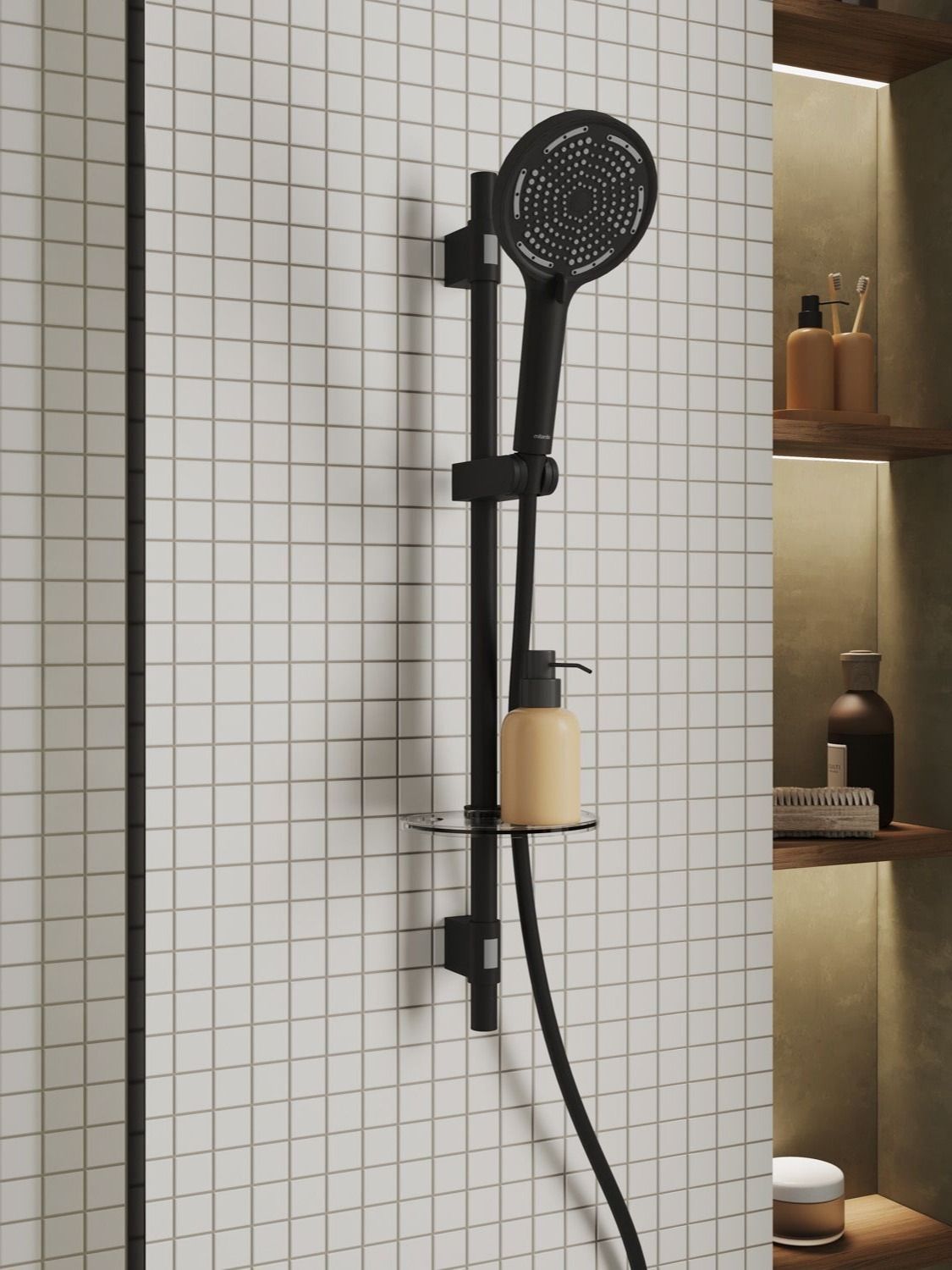 Фото товара на маркетплейсе ozon Душевой комплект (стойка, лейка 3 режима, шланг 1,5 м), черный матовый, Milardo, Ideal Spa, ILS3B70M16