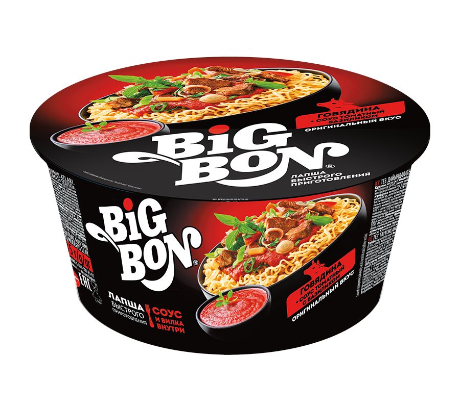 ЛапшабыстрогоприготовленияBIGBONГовядинавсоусетоматныйсбазиликом,85г