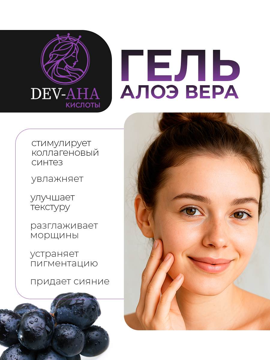 Омолаживающий гель алоэ для лица и тела с экстрактом виноградной косточки и АНА-кислотами