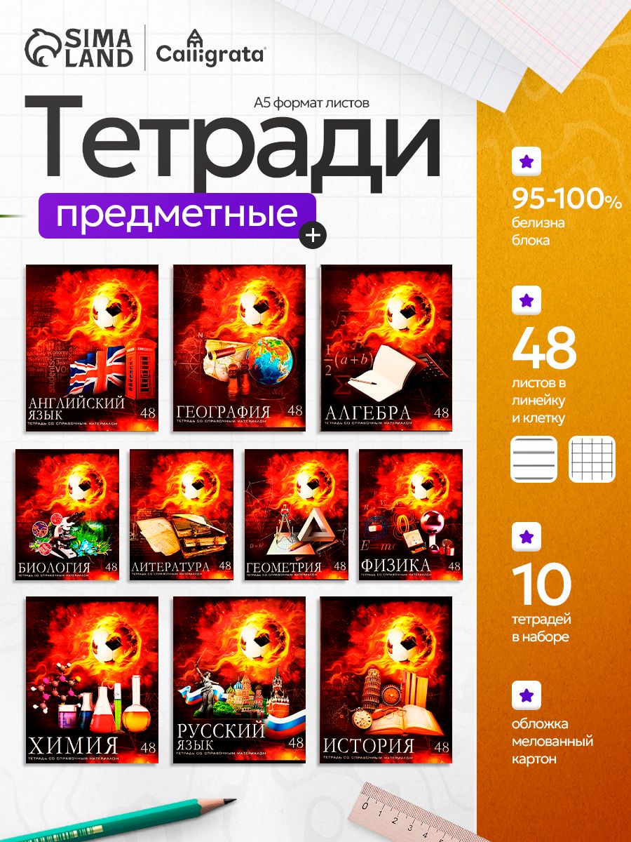 Набор предметных тетрадей Calligrata «Футбол», 48 листов, 10 штук, со справочным материалом