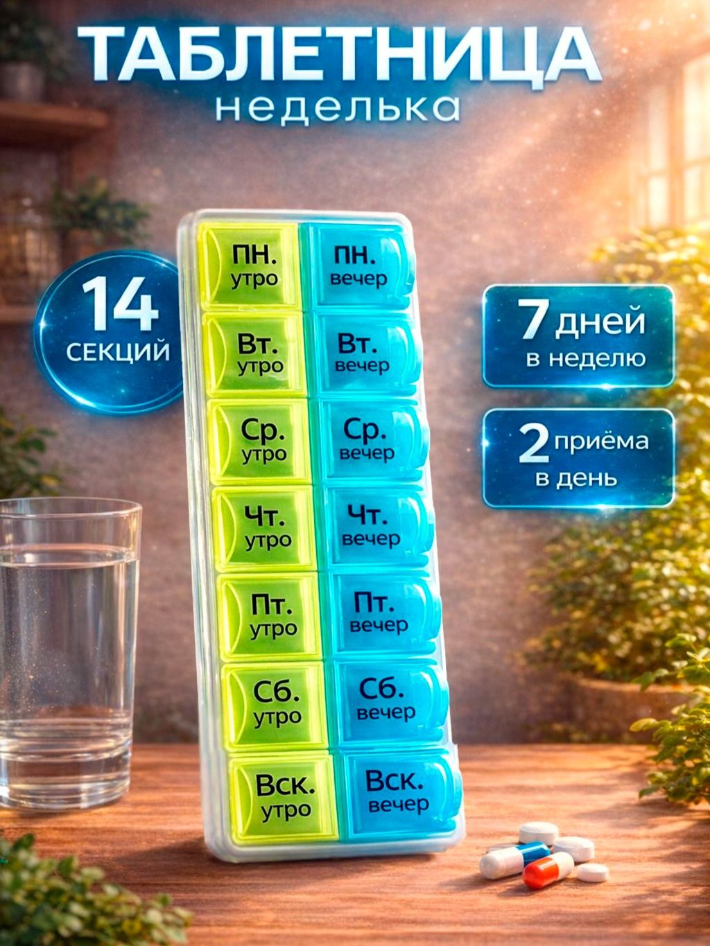 Таблетница на неделю 2 приёма, 14 ячеек / Органайзер для таблеток Неделька