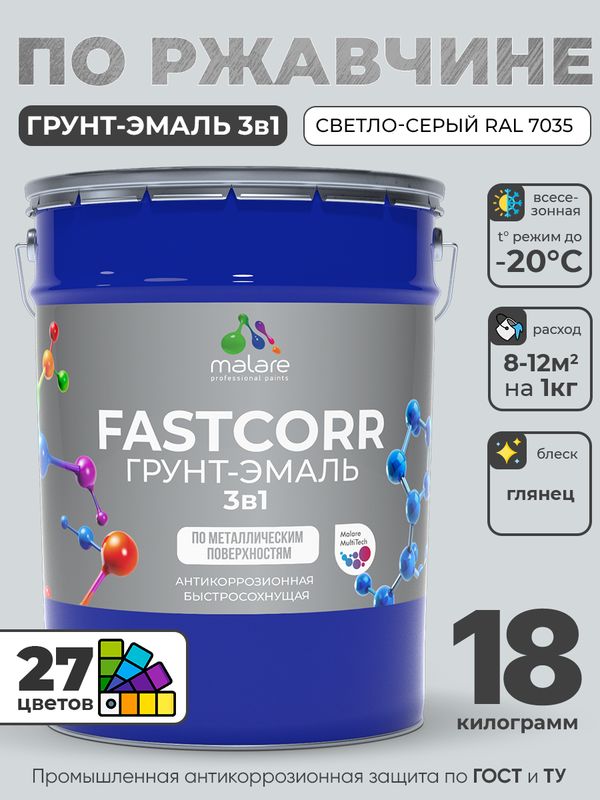 Грунт-эмаль по ржавчине 3 в 1 Malare FastCorr краска для металла, антикоррозионная износостойкая быстросохнущая RAL 7035, светло-серый, глянцевая, 18 кг.