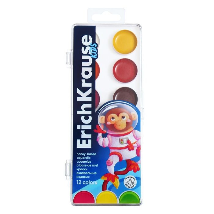 Акварель 12 цветов ErichKrause "Kids Space Animals", медовая, в пластиковой коробке, с УФ защитой яркости #1