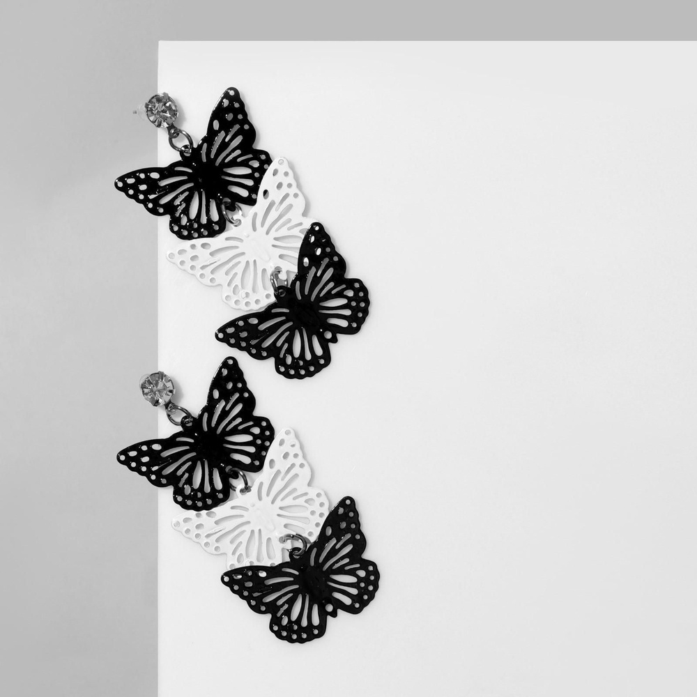 Серьги висячие Бабочка трио, цвет чёрно-белый в серебре  #1