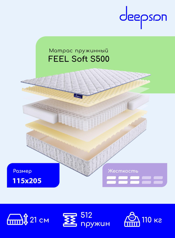 Матрас Deepson FEEL Soft S500 средней жесткости, полутороспальный, пружинный, на кровать 115x205  #1