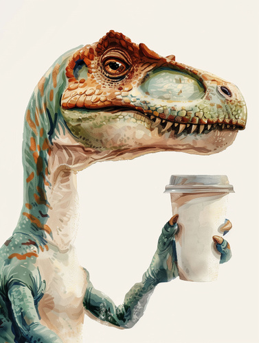 стильный 3D маскот динозавр с чашкой кофе на фоне графиков