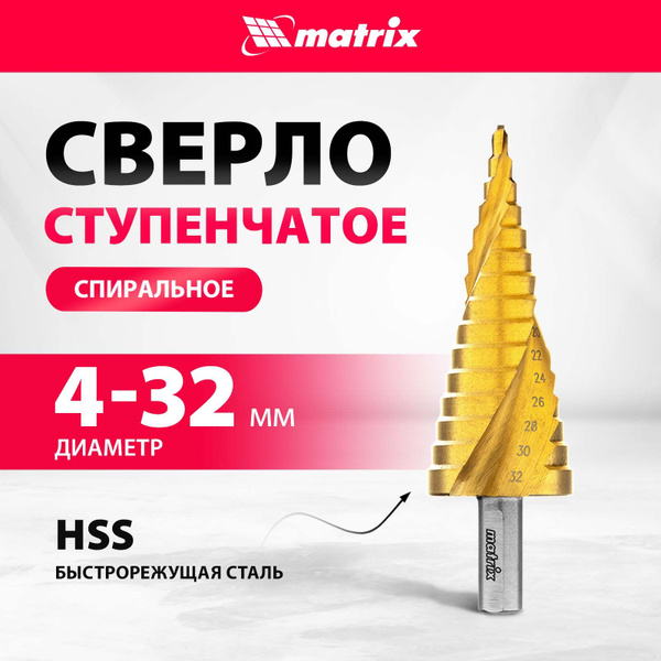Сверло ступенчатое MATRIX, 4-32, HSS, спиральный профиль, трехгранный ...