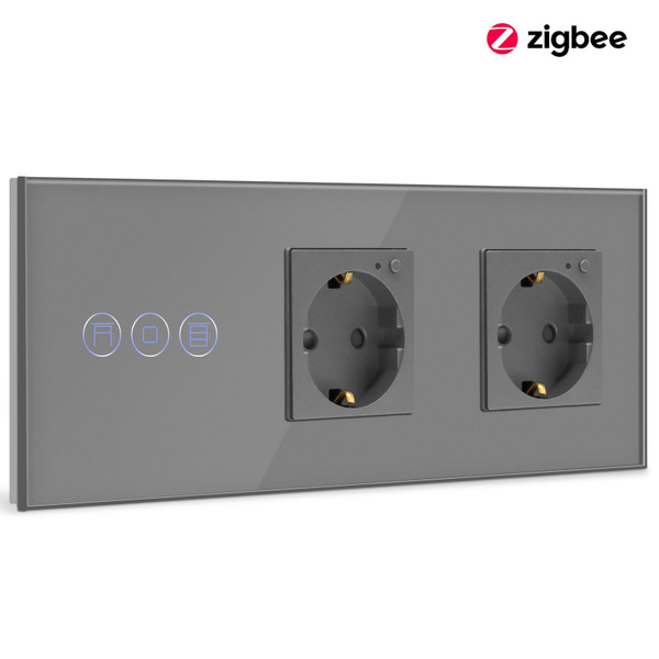 Сенсорный жалюзи выключатель умный с розеткой с Zigbee, 1 Рольставня 2 ...