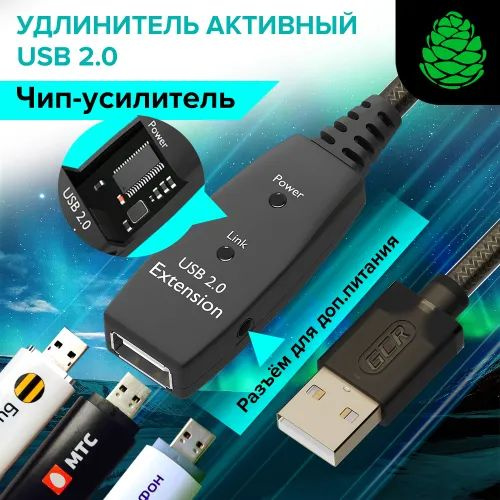 Кабель 3.5 мм, USB Type-A GCR Кабель удлинитель USB активный с ...