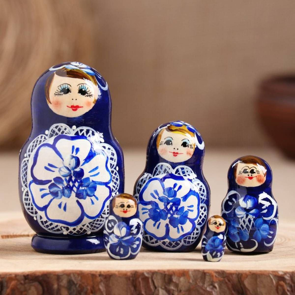 Матрешка - Гжель, синее платье, 5 кукол, 9.5-11 см, 1 шт - купить по ...