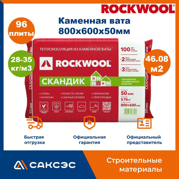 Каменная вата утеплитель Роквул Лайт Баттс Скандик 800х600х50мм, 96 ...