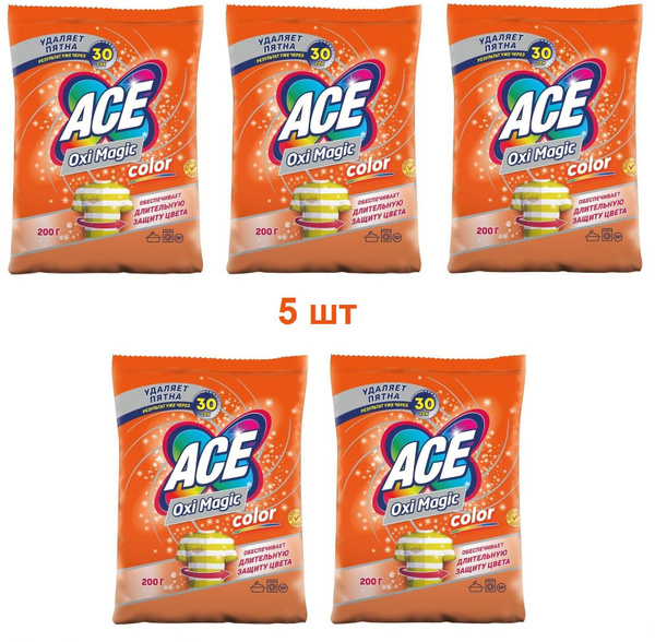 Пятновыводитель-порошок Ace Oxi Magic Color, 5 упаковок по 200г ...