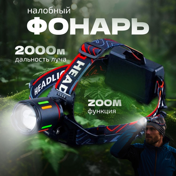Фонарь налобный аккумуляторный светодиодный/ Фонарик мощный с зумом и ...