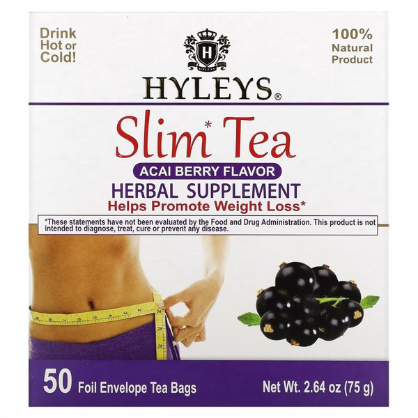 Hyleys Tea, Slim Tea, ягоды асаи, 50 чайных пакетиков в фольгированных ...