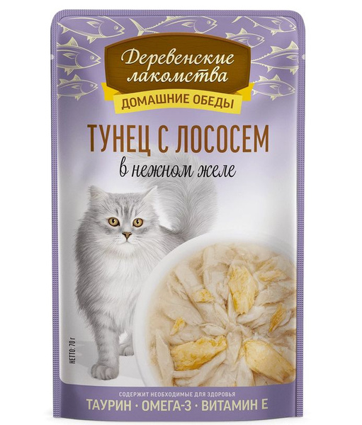 Деревенские лакомства Пауч для взрослых кошек Тунец с лососем в нежном ...
