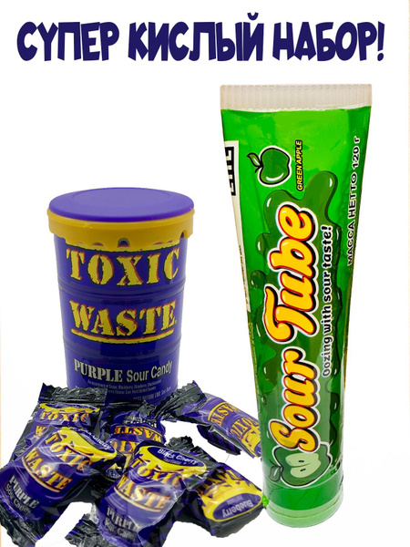 Супер кислые конфеты Toxic Waste и кислый сироп яблочный Sour Tube ...