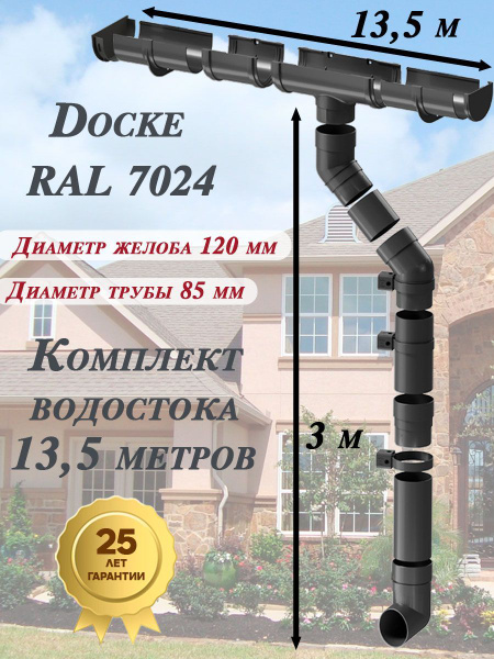 Водосточная система Docke Premium 13,5 м RAL 7024 ( 120мм/85мм ) серый ...