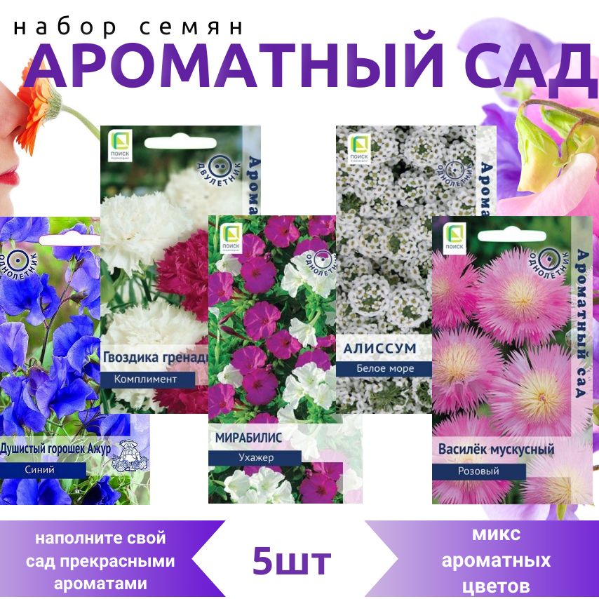 Набор семян цветов "Ароматный сад", Душистый горошек, Гвоздика, Мирабилис, Алиссум, Василёк