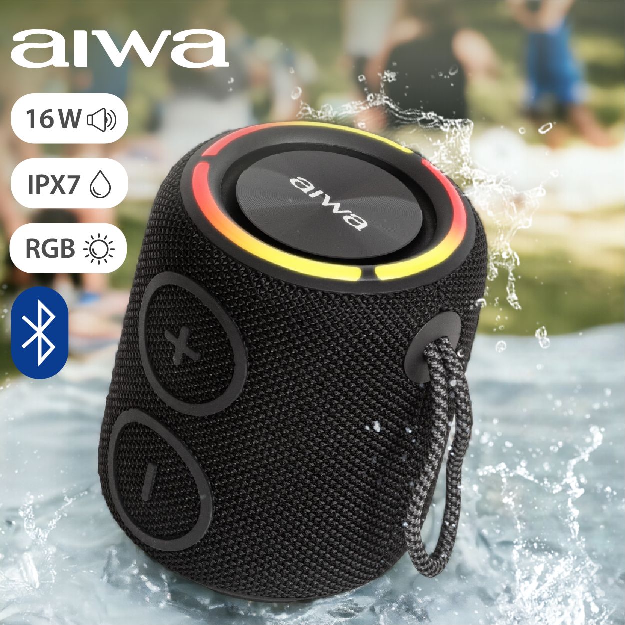 Беспроводная колонка AIWA PAS-H100 black с Bluetooth, AUX, TF-card и TWS, с RGB подсветкой, 16 Вт