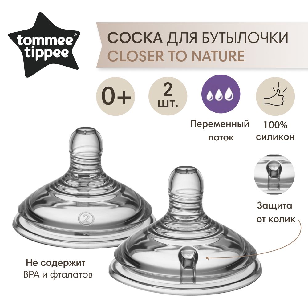 Tommee Tippee соска силиконовая для бутылочки Closer to nature, переменный поток, 0+, 2 шт.