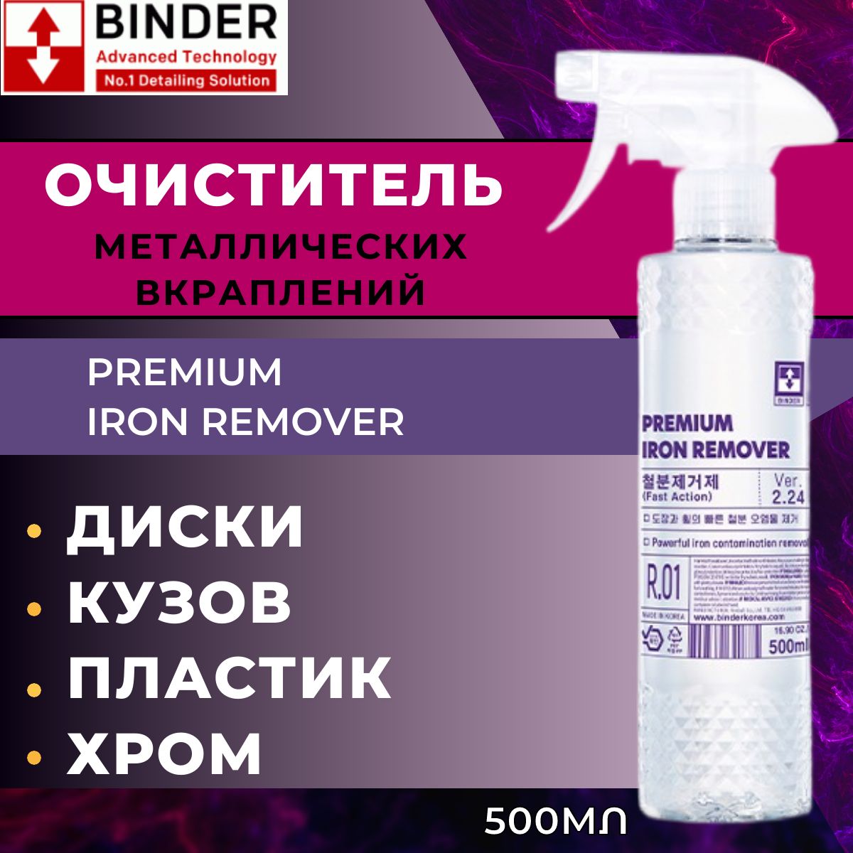 ОчистительметаллическихвкрапленийBINDERдлякузоваидисковPremiumIronRemover500мл.