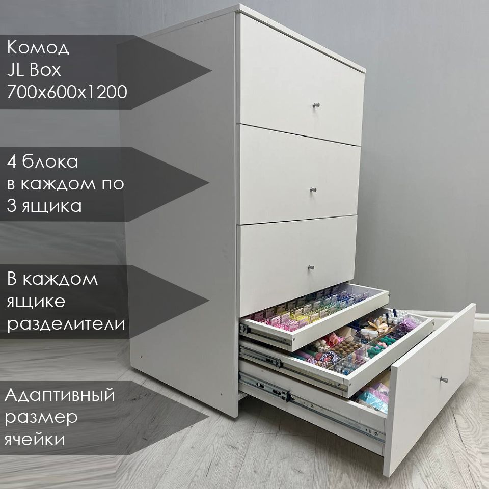 КомоддлярукоделияJL-Box700х600х1200W980ST2БелыйПлатиновый,разделителиоргстекло