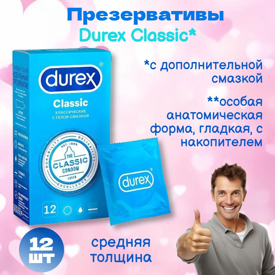 Презервативы с гелем смазкой Durex Classic 12 шт. Дюрекс классик