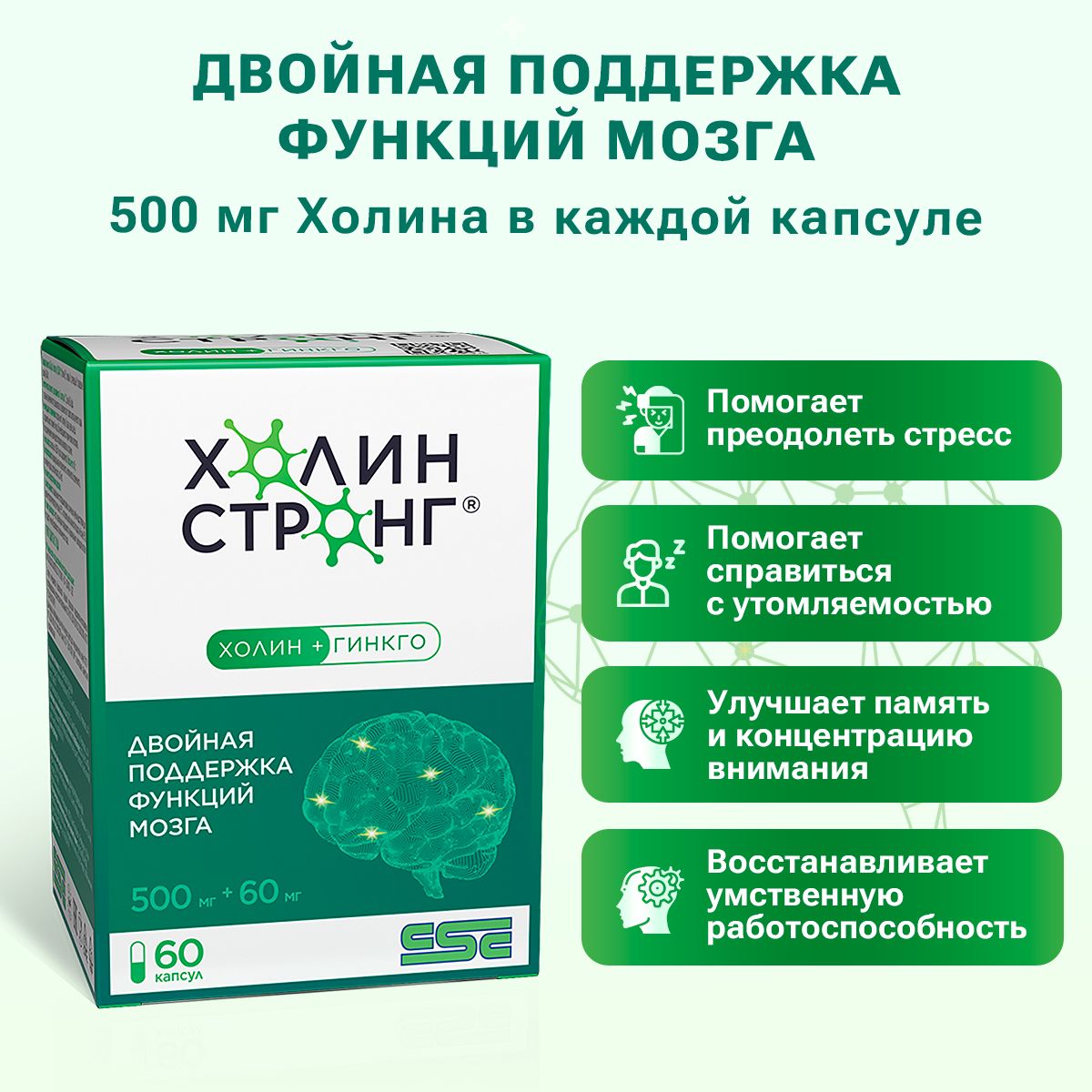 Холин Стронг, Гингко билоба 60 мг Холин 500 мг Биоперин ,улучшает память и внимание, помогает справиться со стрессом, восстановление после болезни (covid) ,60 капсул,