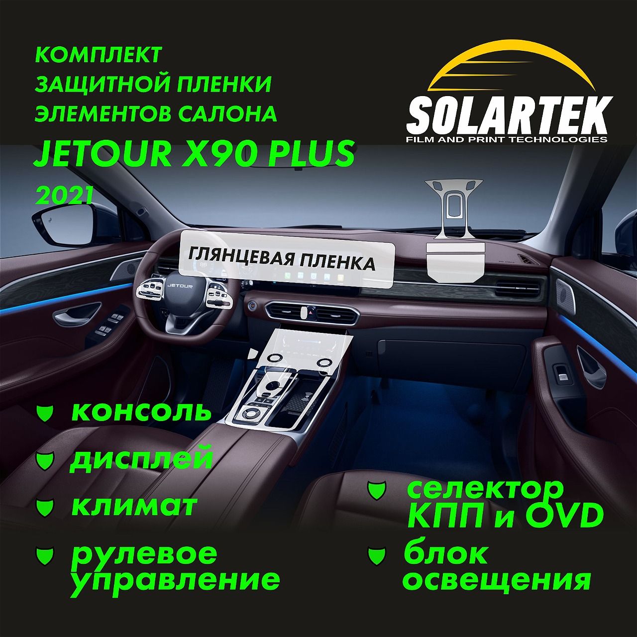 JETOUR X90 2021 Комплект защитных глянцевых пленок на дисплей, климат, консоль, селектор кпп, блок освещения, рулевое управление и климат пассажиров