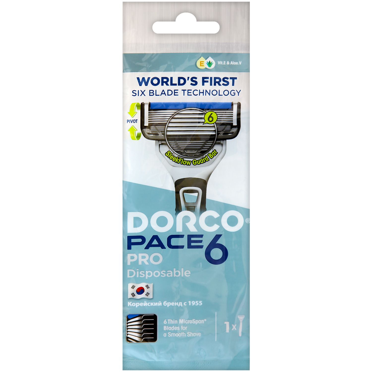 Dorco Бритва одноразовая PACE6 PRO (1 станок), 6-лезвийная, плавающая головка, увлажняющая полоса, прорезиненная ручка