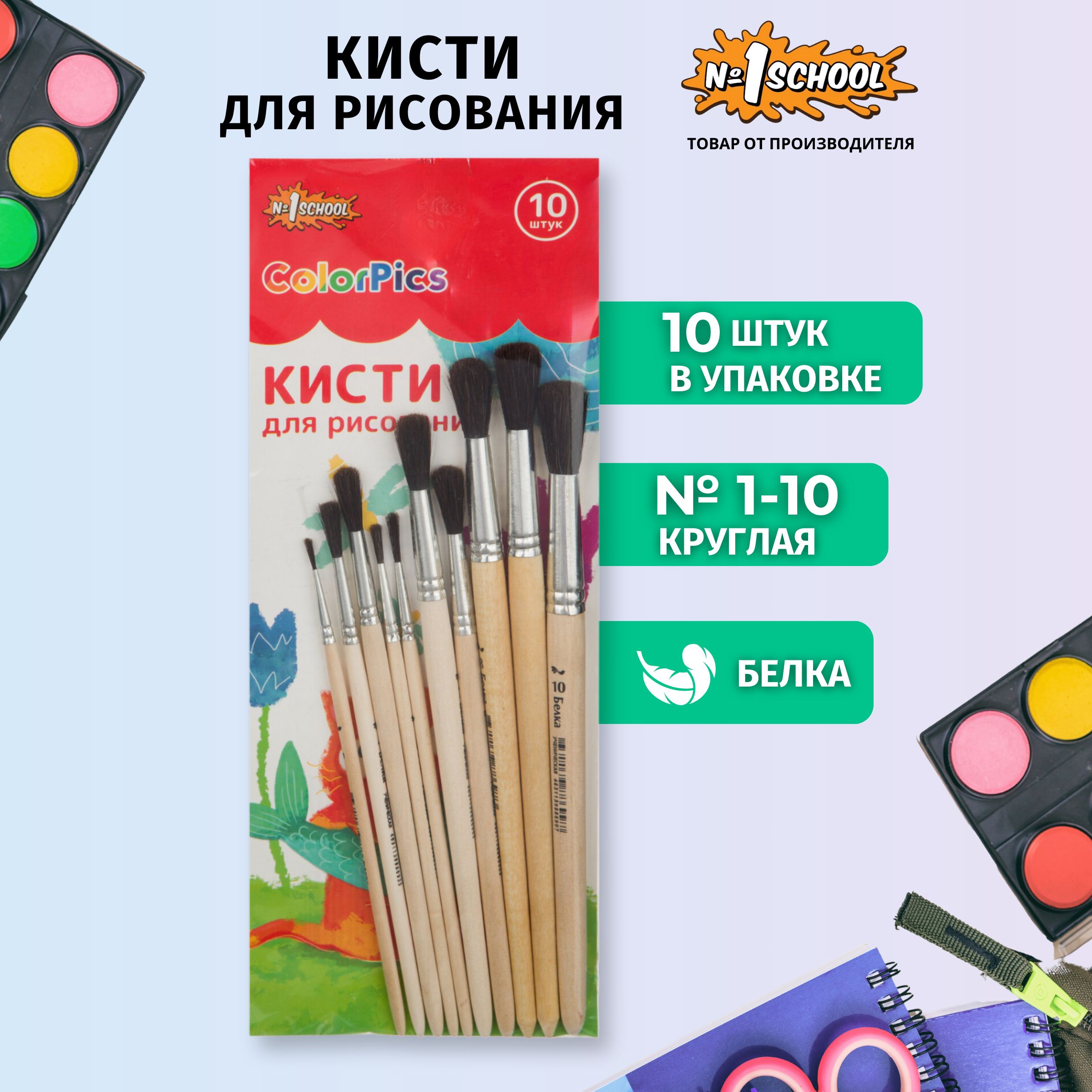 Кисть для рисования Комус Класс, круглая, белка, 10 штук