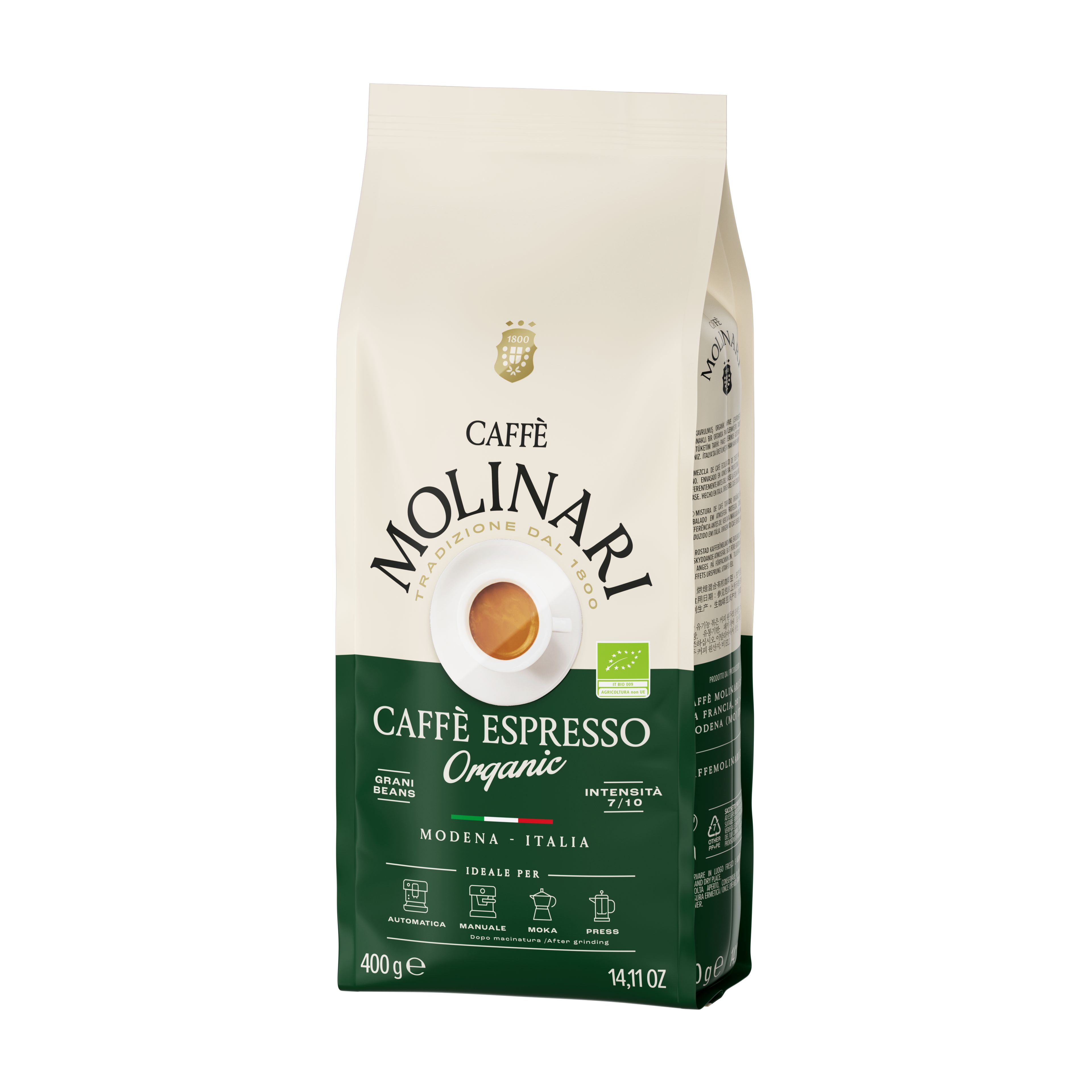 КофевзернахCaffeMolinariESPRESSOORGANIC(BioOrganic)МолинариЭспрессоОрганик(БиоОрганик),упаковка400гр.