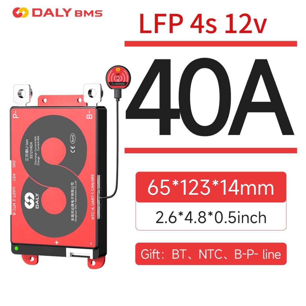 DALYSMARTBMS40ALifepo44S12VПоддержканепрерывноготока40AсBluetoothифункциейбалансировкиUART/RS485/CAN