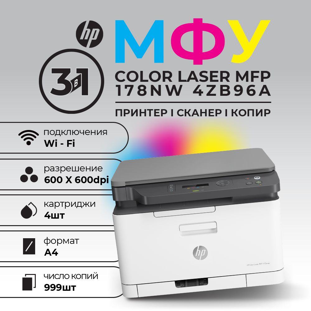 МФУ HP Color Laser MFP 178nw 4ZB96A цветное А4 18ppm LAN WiFi