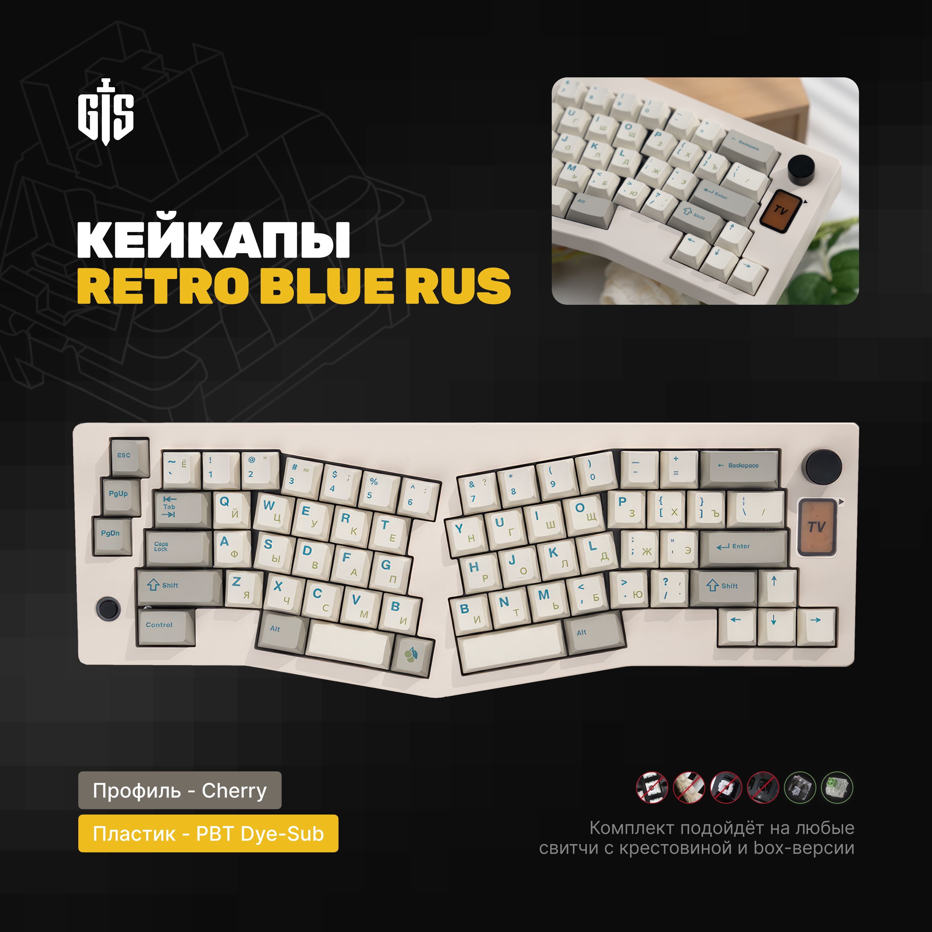 КейкапысрусскимисимволамиRetroBlueRUS,профильCherry,PBTпластик,кириллица