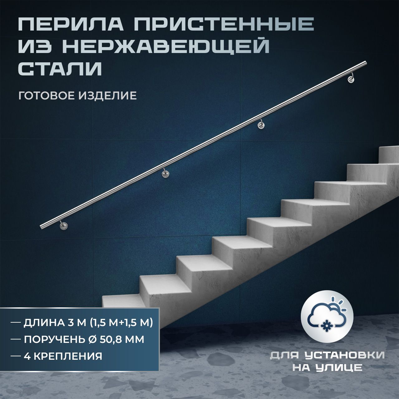 Пристенный поручень из нержавеющей стали aisi 304, длина 3 м (1,5 м+1,5 м), диаметр 50,8 мм, готовое изделие НДС 20%