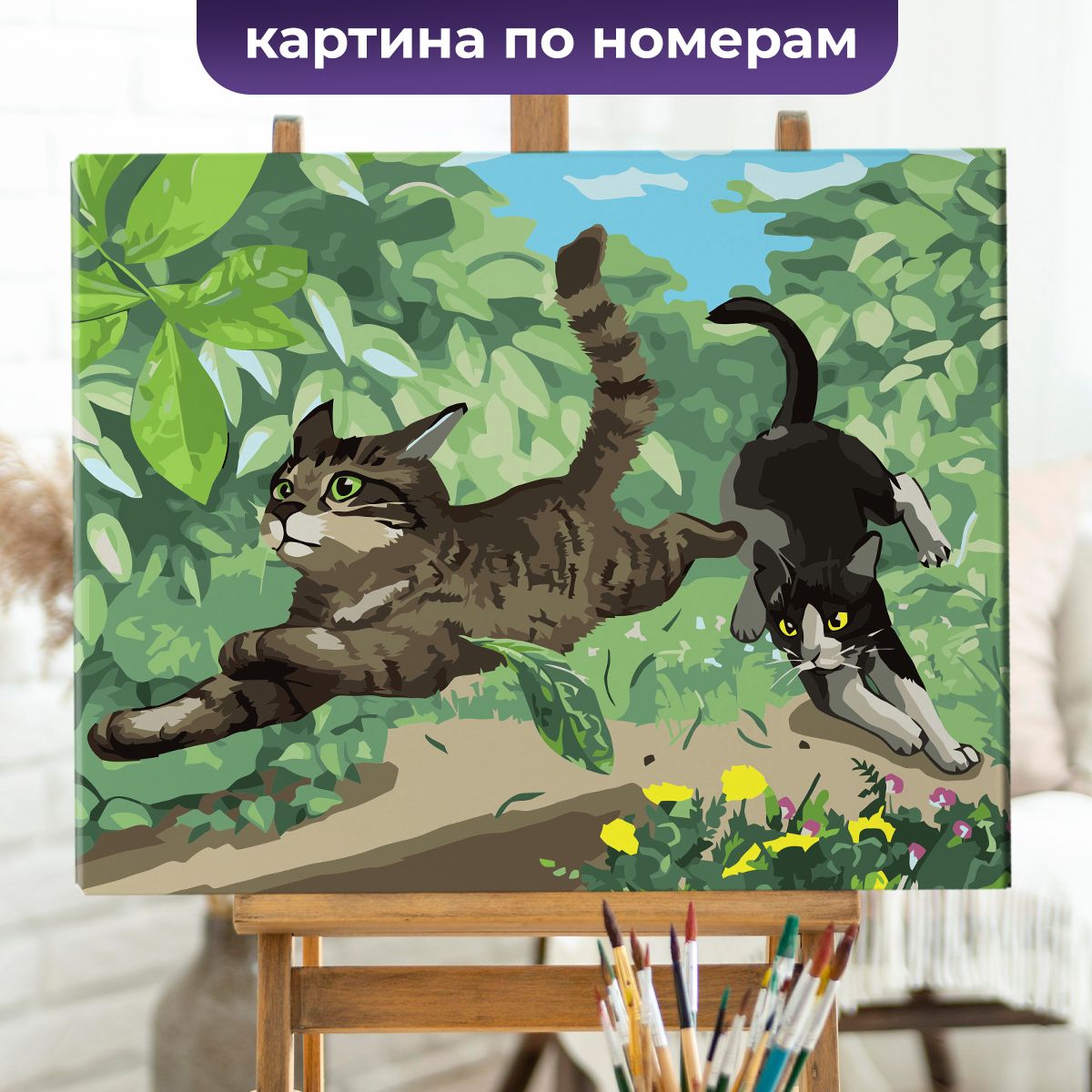 Картина по номерам - Игривые котики - Кот / Картины по номерам на холсте с подрамником 40х50