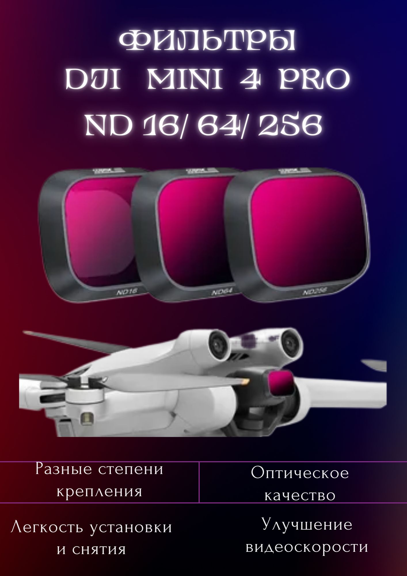 Набор оптических фильтров для квадрокоптера DJI MINI 4 PRO ND 16/64/256