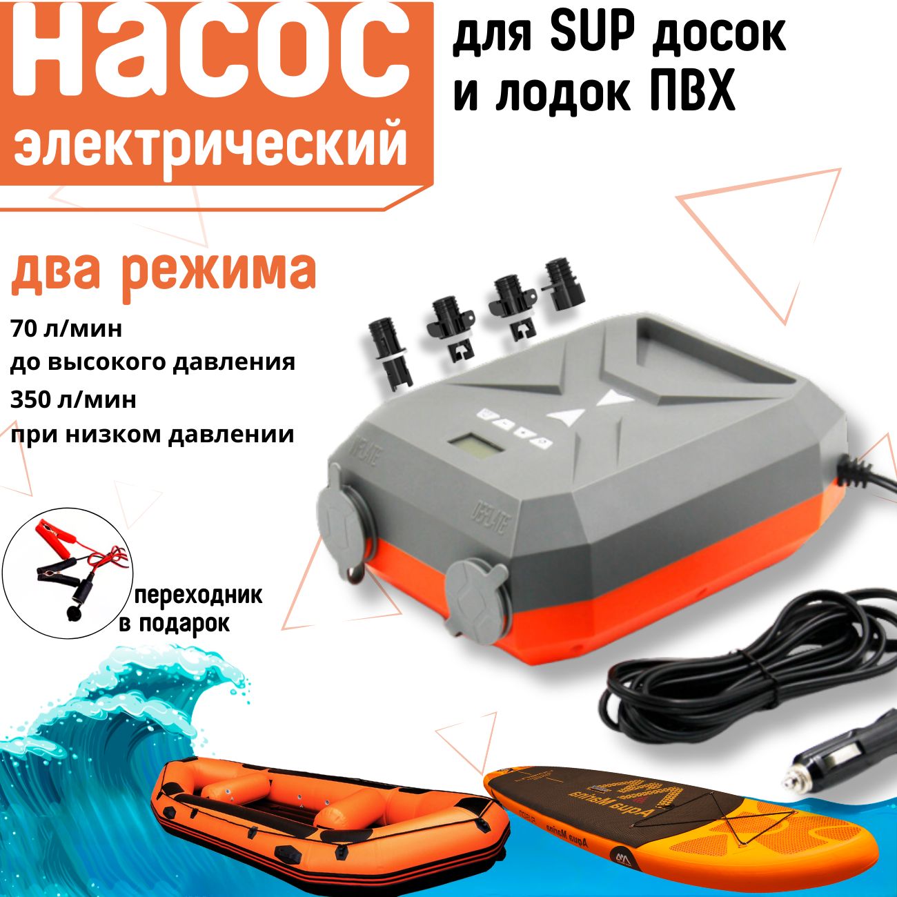 Насос для лодки ПВХ, SUP-досок, матрасов, батутов, электрический высокого давления (полного цикла) двухступенчатый