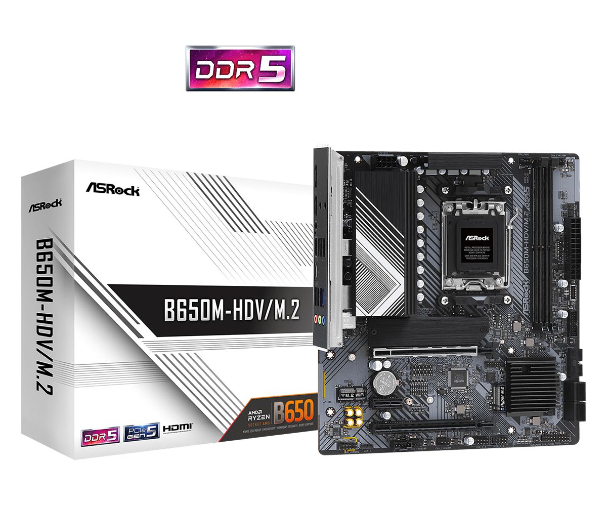 ASRockМатеринскаяплатаASRockB650M-HDVM.2AM52xDDR54xSATA32xM.2HDMIDPmATX