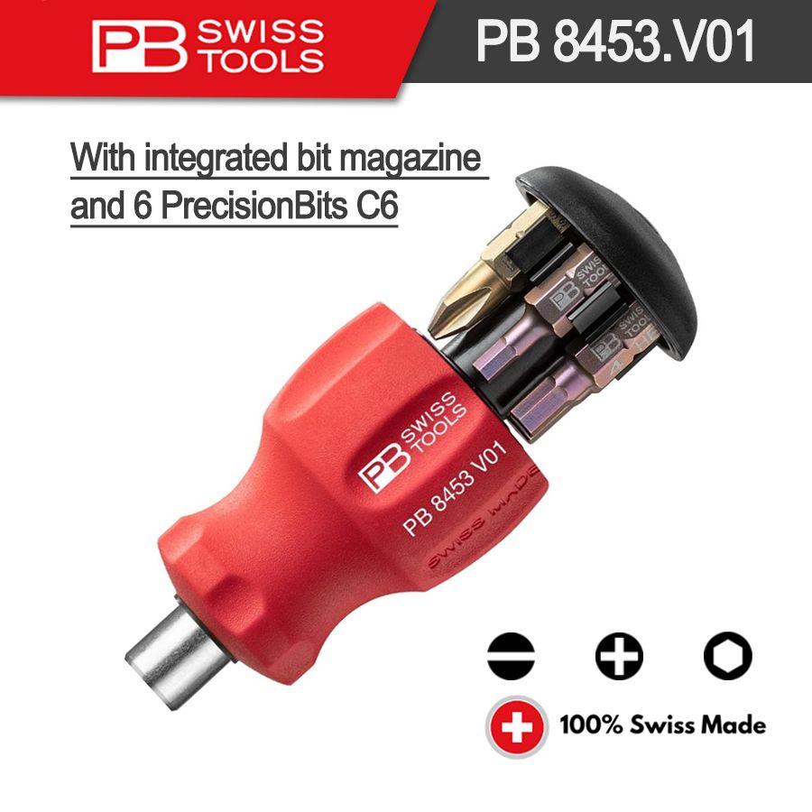 PBSWISS8453.V01Короткаяотверткас6в1совстроенныммагазиномдлябит,длина65мм