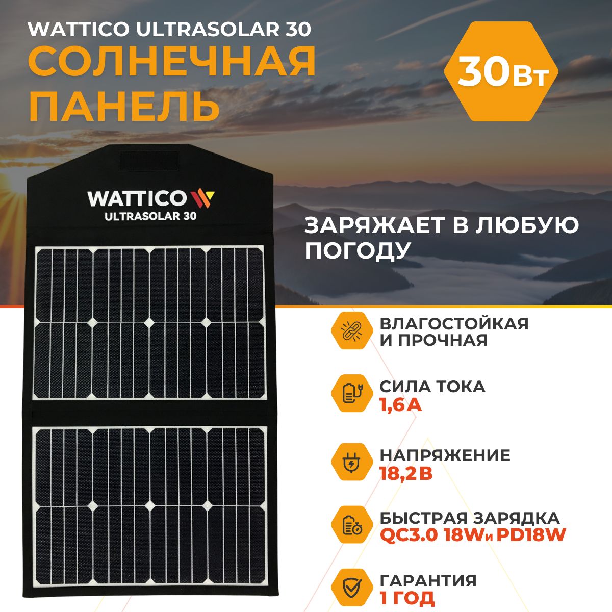 Портативная солнечная батарея панель Wattico Ultrasolar 30Вт