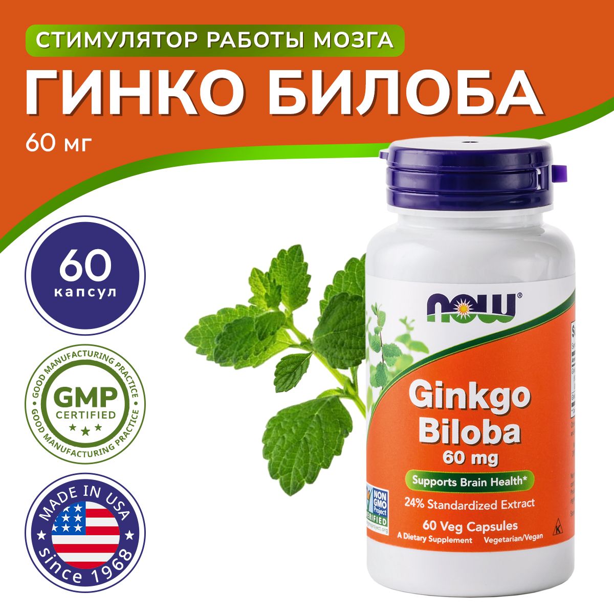 Гинкго Билоба для умственной активности,60 капсул, Ginko Biloba NOW