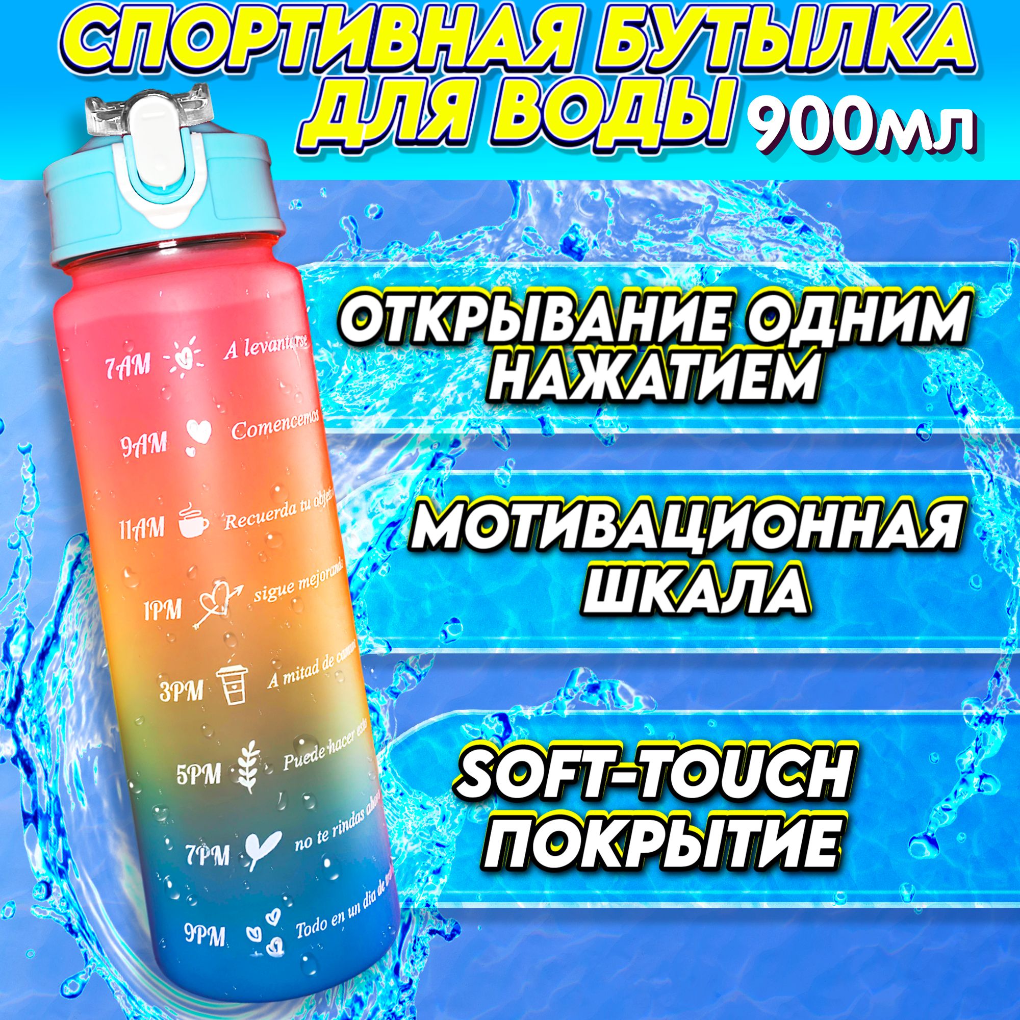 Спортивная бутылка для воды с трубочкой и поильником/900мл/разноцветная