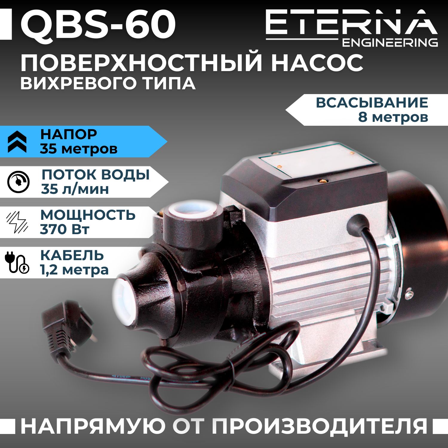 Насос поверхностный самовсасывающий вихревой ETERNA QBS-60 (370 Вт, напор 35 м, 35 л/мин)