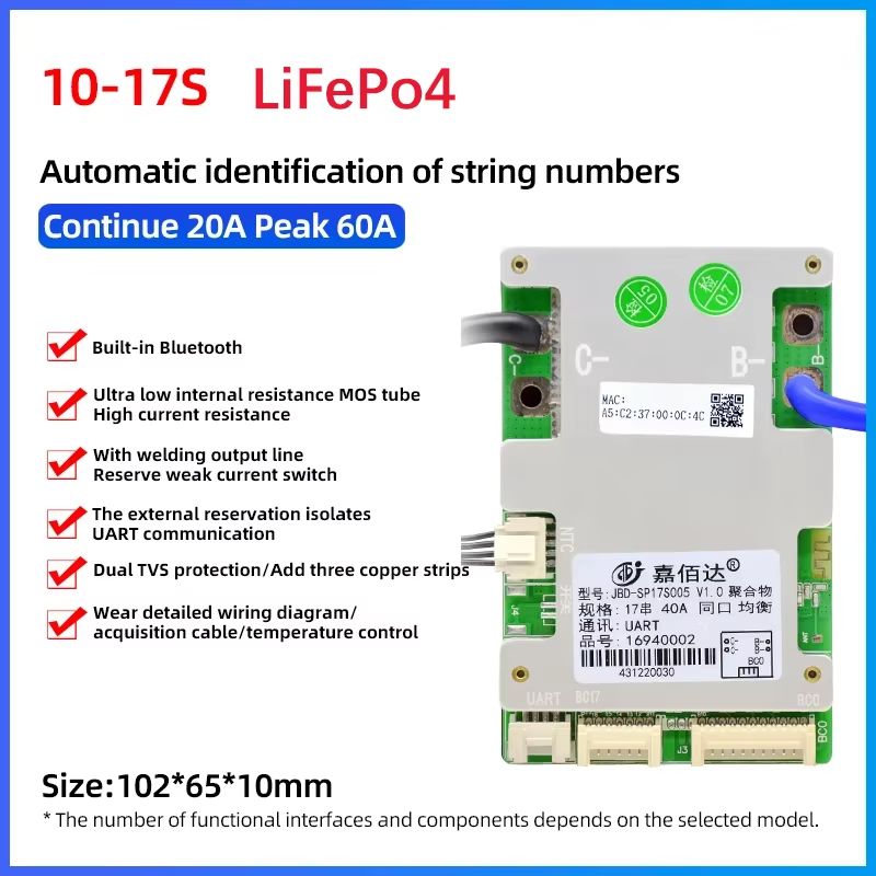 (Lifepo420A)JBDSmartBMSLifepo420A10S11S12S13S14S15S16S17S24V36V48VВстроенныйBluetoothсфункциейбалансировкиUART