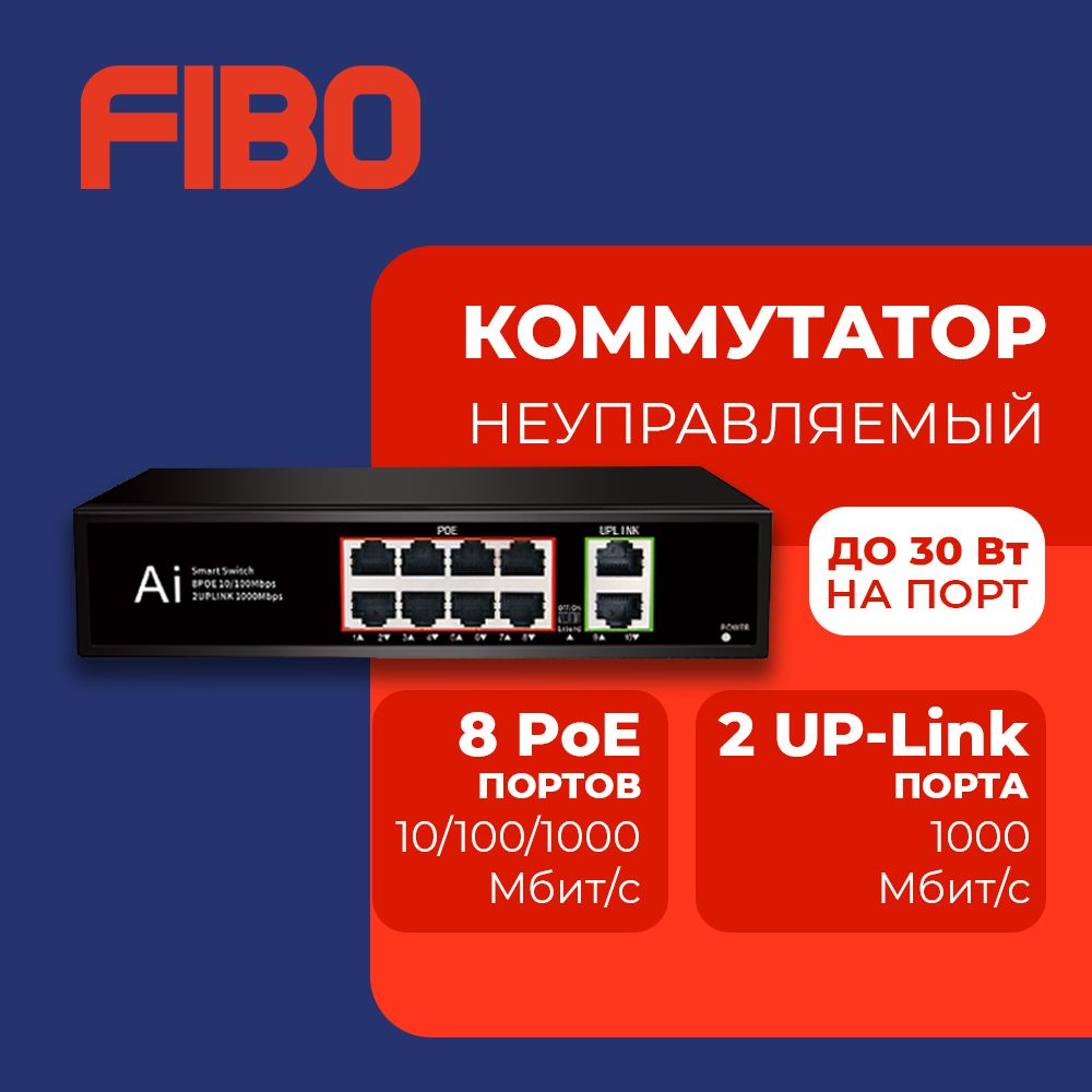 Коммутатор неуправляемый (свитч) с PoE, 10 портов 8*poe и 2*uplink 10/100/1000Мбит/с