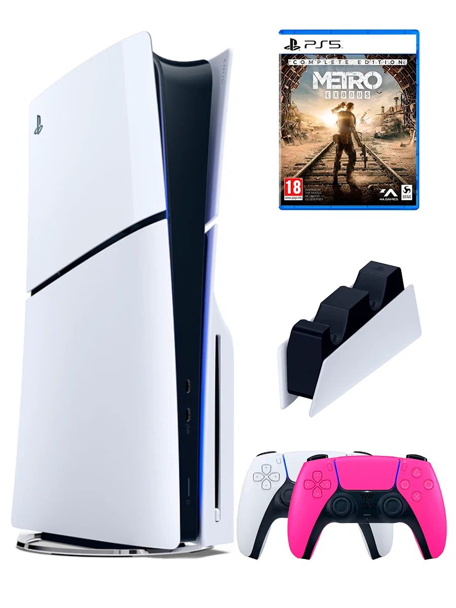 PS5 (ПС5) Игровая приставка Sony PlayStation 5 Slim +2-й геймпад(розовый)+зарядное+игра Metro, 1000ГБ