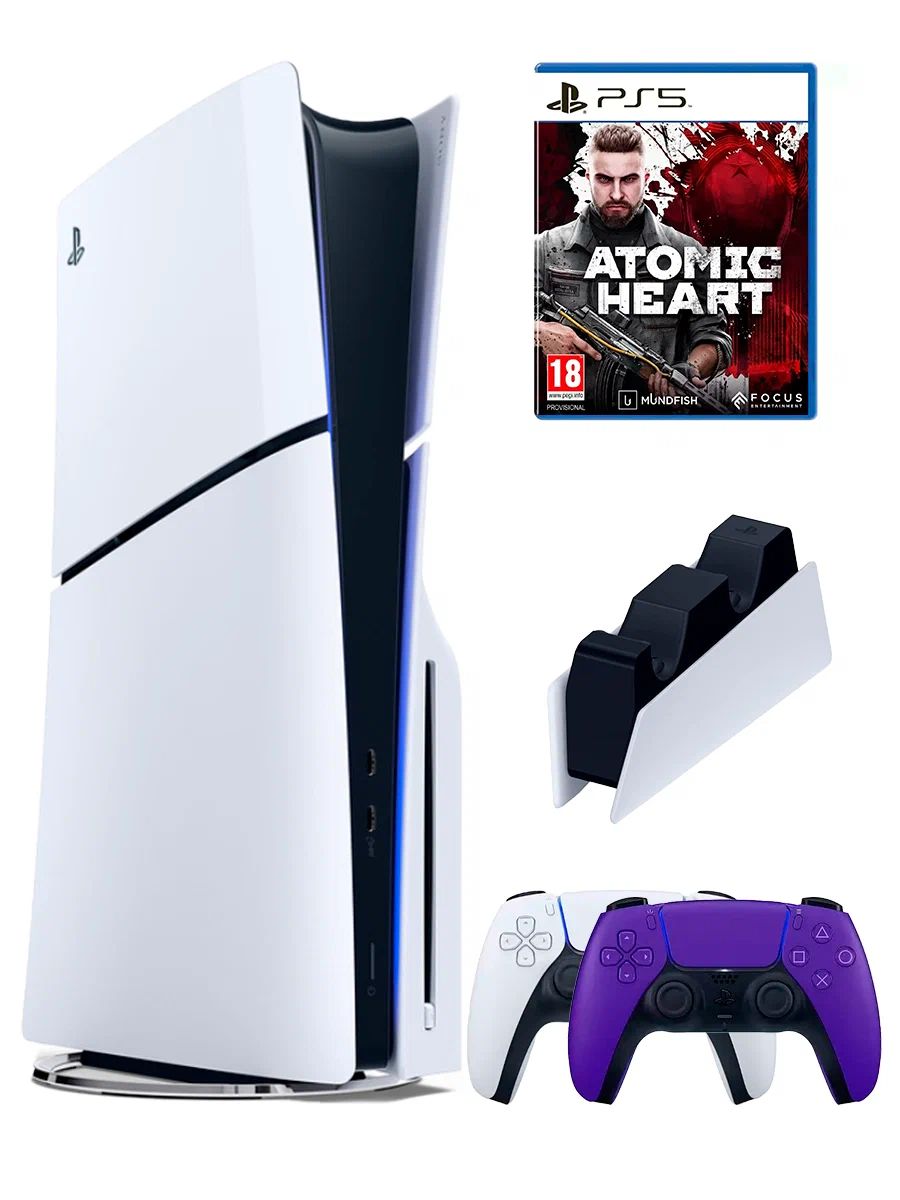 PS5 (ПС5) Игровая приставка Sony PlayStation 5 Slim +2-й геймпад(фиолетовый)+зарядное+игра Atomic Heart, 1000ГБ